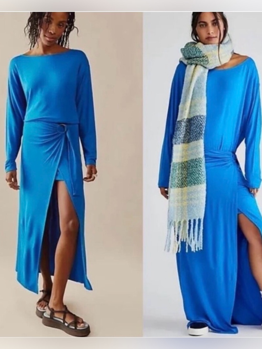 Free People Vibrant Blue Long Sleeve Maxi Dress with High Side Slit